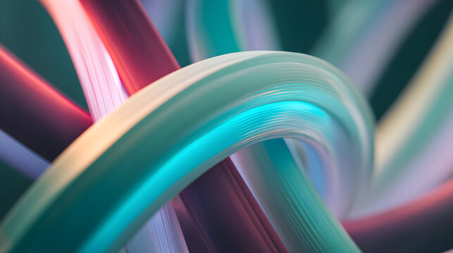 Intertwined abstract strands of smooth, glossy material in pastel and deep jewel tones, creating a fluid and organic form with soft lighting and a dark background