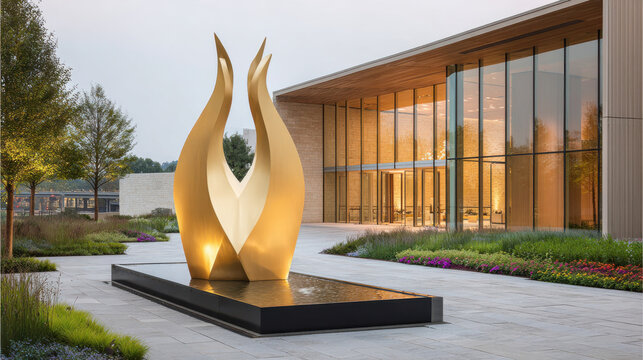 Golden abstract sculpture fountain in modern plaza at building entrance with warm lighting and landscaped gardens