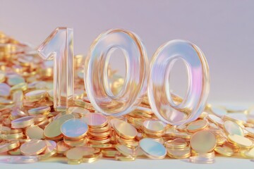 Shiny transparent 3D number 100  standing on stacks of golden coins. Concept of finance, investment, profit, success, and milestone celebration.