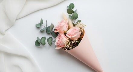 Elegant bouquet of pink roses with eucalyptus on white background