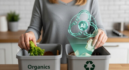 Person sorting organic waste into a bin with a futuristic ai hologram showing recycling symbols, representing smart waste management and sustainable technology in a modern kitchen