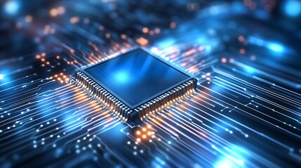 Digital Core: Captivating close-up of a central processing unit (CPU) chip, radiating data streams, and electric flow, highlighting its intricacy.