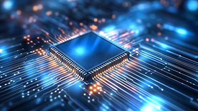 Digital Core: Captivating close-up of a central processing unit (CPU) chip, radiating data streams, and electric flow, highlighting its intricacy.