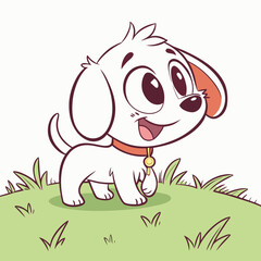 Adorable cartoon white puppy with big eyes and a happy smile wearing a collar and tag standing on green grass isolated on white background silhouette