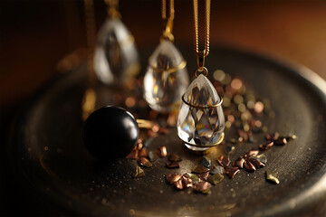 Elegant Crystal Pendant Necklaces with Gold Chains Adorned on a Metallic Tray with Copper Accents