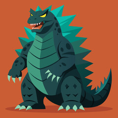 Fierce godzilla monster silhouette with sharp spikes and yellow eyes standing proudly isolated on white background