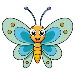 Cute cartoon orange and yellow butterfly with blue and green wings and gold spots smiling happily isolated on white background silhouette