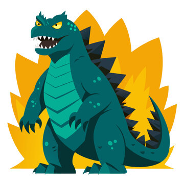 A fierce teal dinosaur with sharp teeth and yellow eyes stands against a backdrop of fiery orange spikes isolated on white background silhouette