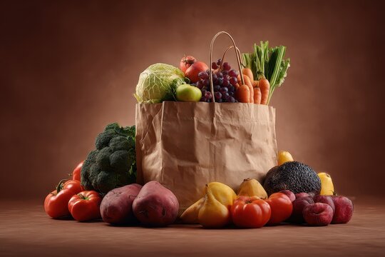 Assorted grocery products including fresh vegetables and fruits in a reusable bag on a brown background