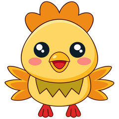 Adorable cartoon baby chick with big eyes and orange crest smiling with open beak and rosy cheeks isolated on white background silhouette