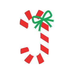 Festive candy cane with green bow for christmas holidays and winter celebrations isolated on white background