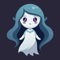 Cute kawaii ghost girl with long flowing blue hair and big purple eyes adorable silhouette isolated on white background