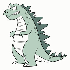 A cartoon green dinosaur with sharp teeth and spikes on its back standing confidently isolated on white background silhouette