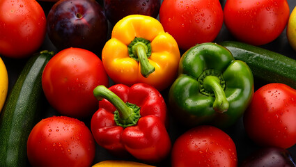 Fresh colorful vegetables and fruits a vibrant display of tomatoes peppers zucchini plums and lemons on dark surface