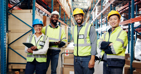 People, team and logistics with portrait at warehouse, supply chain and pride with smile. Group,...