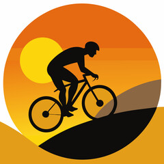 Obraz premium Silhouette of a mountain biker riding downhill against a vibrant sunset with a large yellow sun and orange sky isolated on white background
