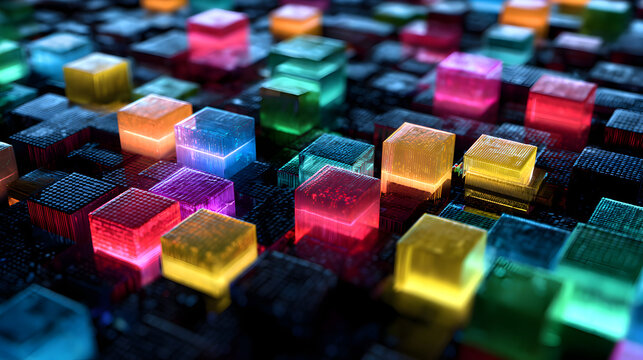 Closeup view of translucent, colorful cubes illuminated from within, arranged in a textured, dark digital landscape