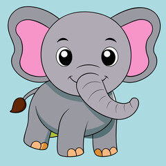 A cute adorable cartoon baby elephant with big eyes and pink inner ears standing happily isolated on white background silhouette