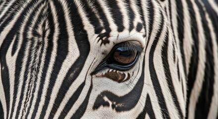 Obraz premium Close-up of zebra eye and stripes pattern in black and white
