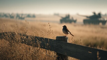 A solitary brown bird perched on a wooden fence post, with military tanks blurred in the background amidst golden grasses.