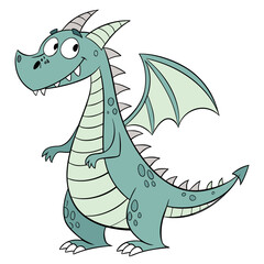 A friendly cartoon teal dragon with large eyes and sharp teeth stands proudly isolated on white background silhouette