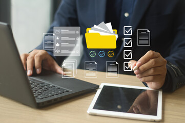 businessman using Document Management System ( DMS ) software which faster, save time and money   to set business strategy