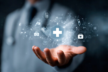 Doctor holds out their hand with medical icons