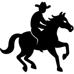 A black silhouette of a cowboy riding a horse in motion isolated on white background