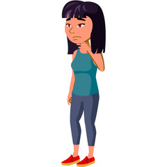 Pixelated Asian Woman Standing Wearing Teal Tank Top Dark Jeans Red Shoes With Hand On Neck Appearing Unwell Or Concerned On Transparent Background