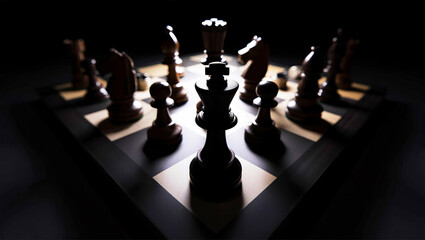 Strategic chess game setup on dark board showcasing intricate pieces and competitive tension highlighting intellectual depth and strategic thinking concept