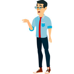 Pixelated Businessman Character in Light Blue Shirt Red Tie Dark Trousers and Glasses Expressing Surprise with Open Mouth and Outstretched Hand on Transparent Background