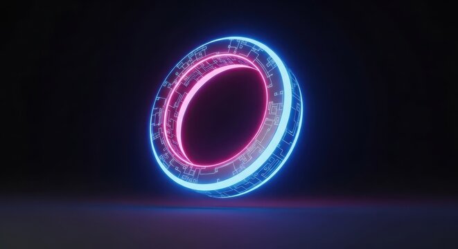 Abstract glowing neon circle with pink and blue light on a dark background