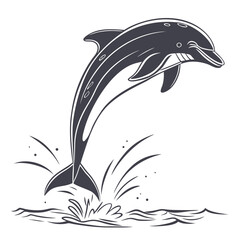 A dynamic dark grey silhouette of a happy dolphin leaping out of the ocean water with splashes and waves isolated on white background
