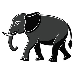 Obraz premium A stylized gray elephant walking with a curved trunk and tusks depicted in a clean silhouette style isolated on white background