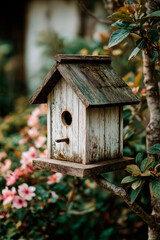Birdhouse hanging up on a tree close