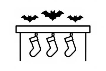 Line art illustration showing a blended holiday season with christmas stockings and halloween bats on a fireplace