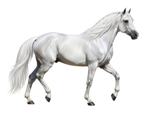 Majestic White Horse Trotting Gracefully, a stunning equine animal captured in a realistic style, ready for design, isolated on transparent background.