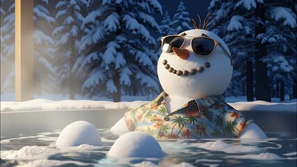 Whimsical 3D Animated Snowman in Hot Tub Wearing Sunglasses and Hawaiian Shirt in a Snowy Winter Forest.