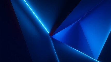 A dynamic abstract scene with sharp blue geometric planes and intersecting lines, illuminated by a bright neon light creating a futuristic and energetic visual