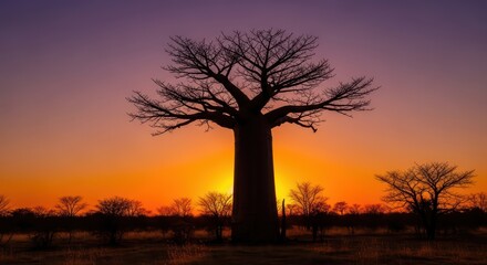 Obraz premium Majestic baobab silhouette at sunset in african savannah landscape