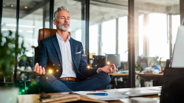 Senior professional meditating in an open office, windows to the city behind&mdash;visual shorthand for composure, mindfulness and the art of staying centered during busy schedules