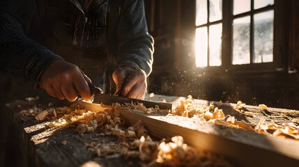 Skilled craftsperson shapes wooden plank with hand tool amid sunlit dust particles inside rustic workshop