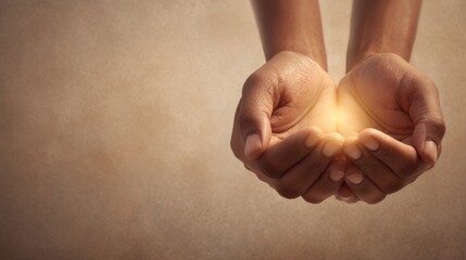 A close-up of two hands gently cupping a glowing light, symbolizing hope and care.