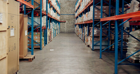 Empty, supply chain and warehouse with shelf for shipping, distribution and production in factory. Ecommerce, logistics and storage depot with inventory, packages and import orders for delivery