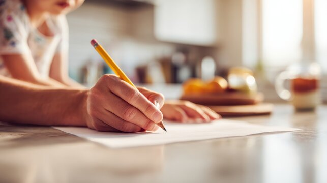 A close-up of a child's hand holding a pencil while writing on a sheet of paper, with a warm kitchen background.