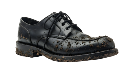 A black leather dress shoe covered in mud and dirt, symbolizing hard work, resilience, or the aftermath of a challenging day.

