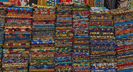 Vibrant stack of multicolored african fabrics with intricate patterns