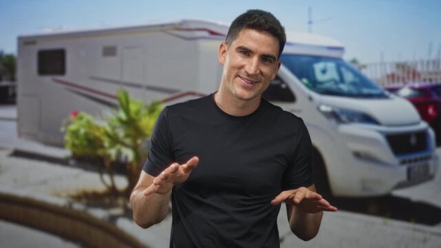 Man wearing black t shirt with palms down gesture and bare hands visible, standing on street in front of camper van and planter; confidence travel adventure.