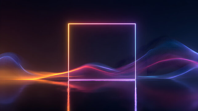 A glowing neon square frame centered on a reflective surface, surrounded by abstract wavy lines of light particles and bokeh effects in a dark, futuristic setting