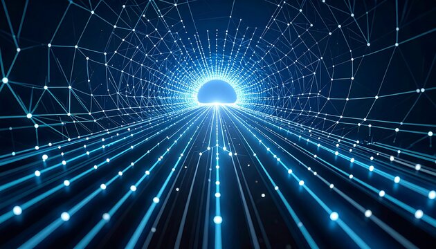 Abstract blue tunnel of light, converging lines and nodes create a futuristic and digital technological atmosphere